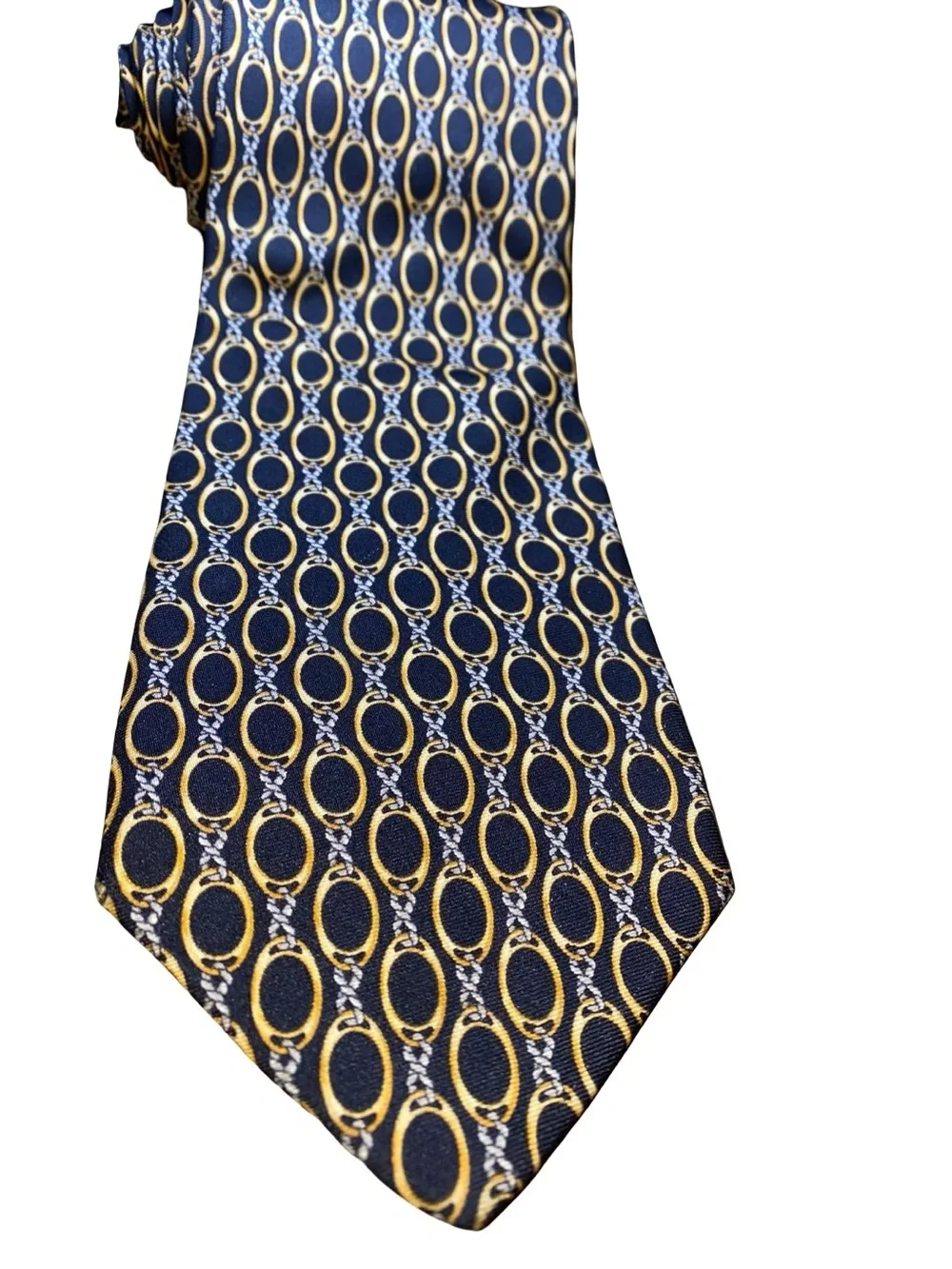 Brooks Brothers Makers Mens All Silk Tie Navy Blue Gold & Silver Chain Link